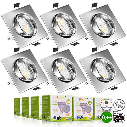 Foco Empotrable, Bojim 6x GU10 LED Luz de Techo 6W equivalente a 54W Incluye Bombilla GU10 Blanco Natural 4500K 600Lm Ojos de Buey Marco Cuadrado Esmerilado Ángulo Rotable 30°AC 220V-240V