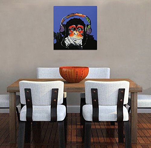 Fokenzary - Cuadro 100% pintado a mano, pintura al óleo sobre lienzo, Gorila escuchando música con auriculares, con marco listo para colgar, lona, 24x24in