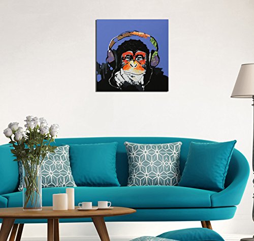 Fokenzary - Cuadro 100% pintado a mano, pintura al óleo sobre lienzo, Gorila escuchando música con auriculares, con marco listo para colgar, lona, 24x24in