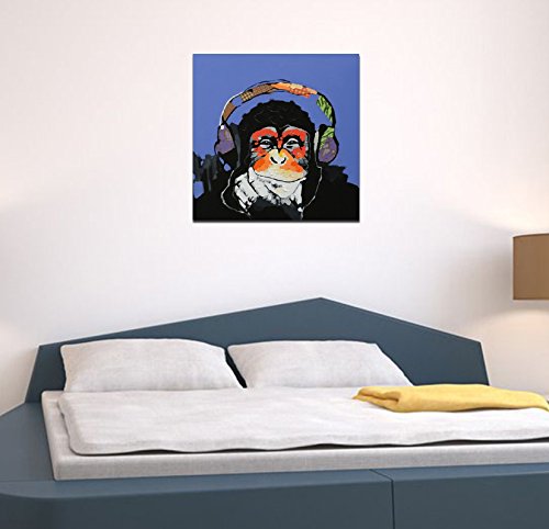 Fokenzary - Cuadro 100% pintado a mano, pintura al óleo sobre lienzo, Gorila escuchando música con auriculares, con marco listo para colgar, lona, 24x24in