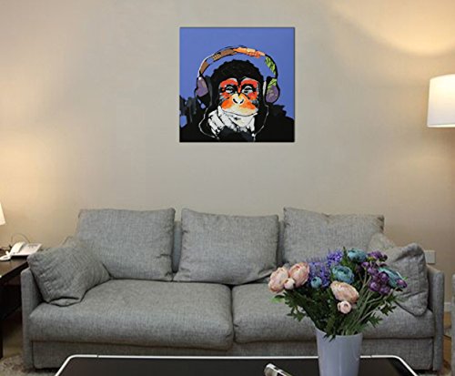 Fokenzary - Cuadro 100% pintado a mano, pintura al óleo sobre lienzo, Gorila escuchando música con auriculares, con marco listo para colgar, lona, 24x24in