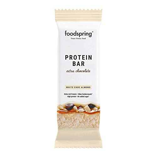 foodspring Barritas De Proteína Extra Choco, Chocolate Blanco y Almendras, 12 x 65g, una auténtica chocolatina con 95% menos de azúcares