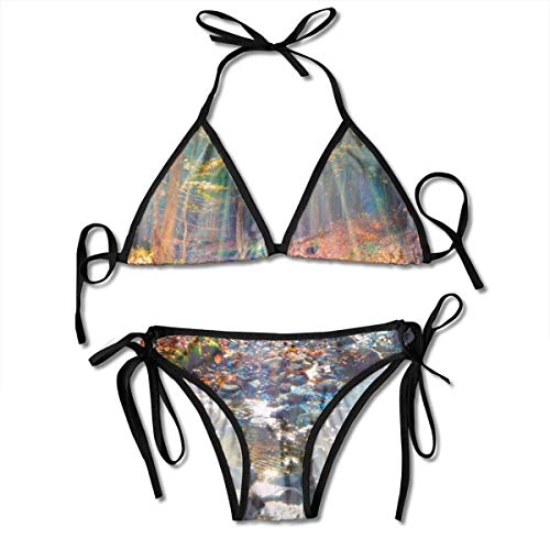 Forest Red Maple Tree Leaves River Triangle Bikini Set Traje de baño de Dos Piezas para Mujer