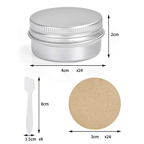 FORMIZON 24 Tarros de Aluminio Vacío, 20 ml Latas de Aluminio Vacías con Etiquetas y Mini Espátula, Tarros Cosmetica, Tarros Aluminio Vacíos para Crema Loción Bálsamo Jabón Maquillaje