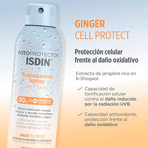 Fotoprotector ISDIN Transparent Wet Skin SPF 30 - Protector solar Corporal, Spray transparente, Eficaz sobre piel mojada, Ginger Cell Protect, 250 ml