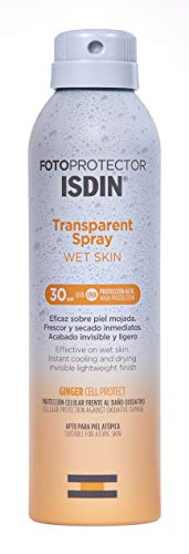 Fotoprotector ISDIN Transparent Wet Skin SPF 30 - Protector solar Corporal, Spray transparente, Eficaz sobre piel mojada, Ginger Cell Protect, 250 ml