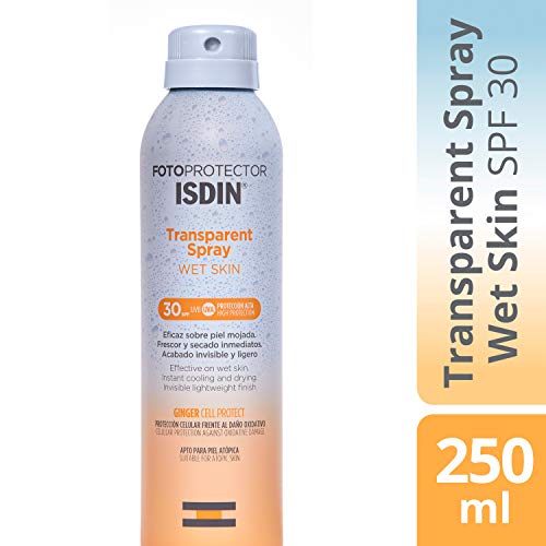 Fotoprotector ISDIN Transparent Wet Skin SPF 30 - Protector solar Corporal, Spray transparente, Eficaz sobre piel mojada, Ginger Cell Protect, 250 ml