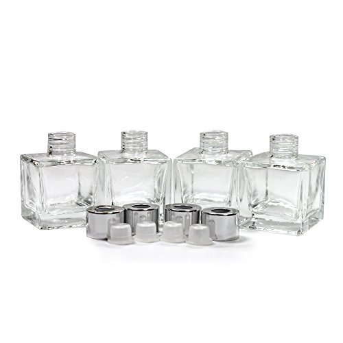 Frandy House - Juego de 4 botellas de cristal, tipo difusor, con tapa, de tamaño pequeño y cuadrado (6,35 cm de alto), de 50 ml, para fragancias, accesorios para difusor de varillas de repuesto