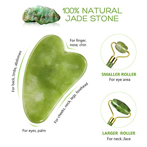 Frcolor Anti-envejecimiento Jade Roller Therapy y Gua Sha Scraping Tool Set Natural jade facial roller Doble Cuello Curación Adelgazante Masajeador