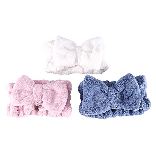 Frcolor bowknot pelo bandas elásticas coral felpa maquillaje cara Wash ducha diadema para mujer chica 3 Unidos (azul rosa blanco)