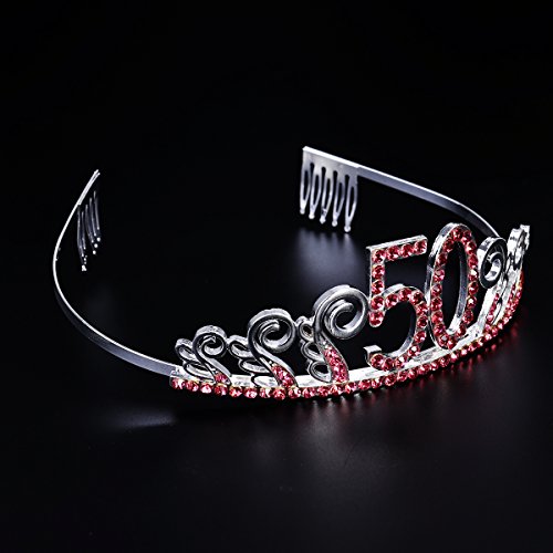 Frcolor Corona Cumpleaños 50 Años Diadema Cumpleaños Mujer Tiara Cristal con Peines (Plata Roja)
