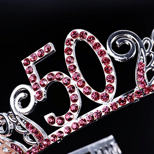 Frcolor Corona Cumpleaños 50 Años Diadema Cumpleaños Mujer Tiara Cristal con Peines (Plata Roja)