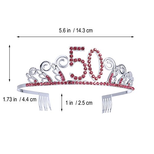 Frcolor Corona Cumpleaños 50 Años Diadema Cumpleaños Mujer Tiara Cristal con Peines (Plata Roja)