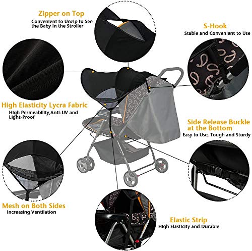FREESOO Toldo Protector Solar Universal para Cochecitos Capazos Carrito de Bebé Sillas de Paseo Sombrilla Parasol Protección UV contra el Viento a Prueba de Lluvia con Malla Transpirable Negro