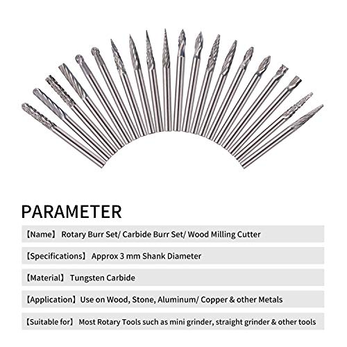Fresas Perforadoras - GOXAWEE 20Pcs Juego de Fresas de Carburo de Tungsteno Rotary Archivos Diamante Rebabas / 3mm Vástago Herramienta Rotativa para Bricolaje Carpintería Tallado Grabado Perforación