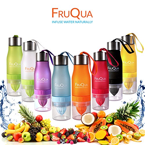 FruQua by Ayka Solutions - Botella de agua de tritan con infusor de frutas sin BPA, 650 ml - Incluye un libro electrónico gratis con recetas de infusiones de frutas - Producto a prueba de fugas - Disponible en 7 vibrantes colores, hombre Infantil mujer, a