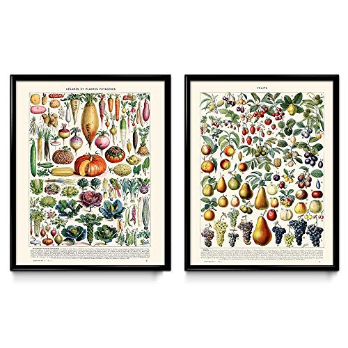 Frutas y Verduras Vintage Print Set de 2 – Decoración de Cocina – Arte de Cocina – Decoración del hogar – Ciencia botánica – Larousse – VP1031UK, algodón, 30 x 40 cm