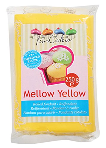 FunCakes Fondant para Cubrir Tartas, Cupcakes, Galletas o Modelar Amarillo Suave: Suave Sabor Vainilla, Flexible, Sin Gluten, Halal, Kosher D, Apto Véganos, 250g, FC97600
