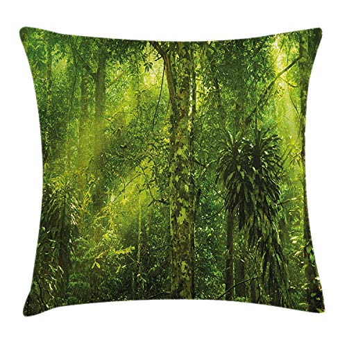 Funda de Almohada Plant Throw Pillow Cushion Cover, Tropical Tranquil Place with Lots of Green Trees Earthly Places Untouched Jungle, Decorative Square Accent Pillow Case, Apple Green