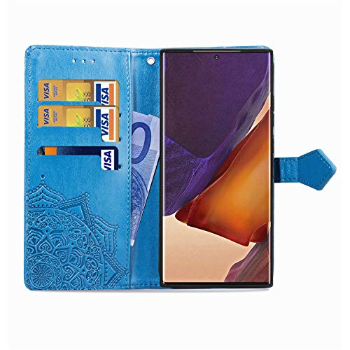 Funda para Samsung Galaxy Note 20 Ultra, Carcasa Libro con Tapa Flip Case Antigolpes Golpes Cartera PU Cuero Suave Soporte con Correa de Mano Cordel - Mandala Azul