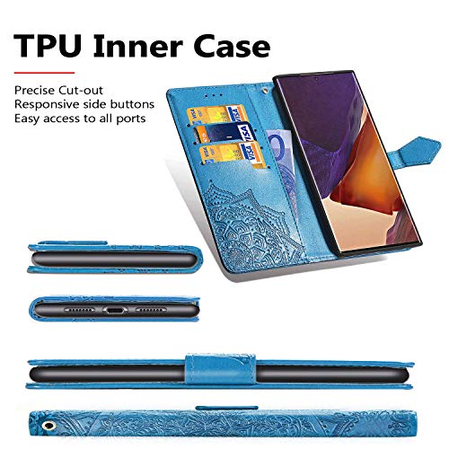 Funda para Samsung Galaxy Note 20 Ultra, Carcasa Libro con Tapa Flip Case Antigolpes Golpes Cartera PU Cuero Suave Soporte con Correa de Mano Cordel - Mandala Azul