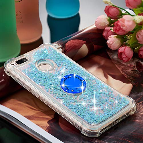 Funda Xiaomi Mi A1 / Xiaomi 5X TPU Silicona Purpurina Carcasa,Funda para teléfono móvil de Arena movediza líquida en con Base de Anillo de Diamantes (Estrellas Azules Fluorescentes)