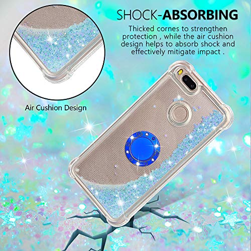 Funda Xiaomi Mi A1 / Xiaomi 5X TPU Silicona Purpurina Carcasa,Funda para teléfono móvil de Arena movediza líquida en con Base de Anillo de Diamantes (Estrellas Azules Fluorescentes)