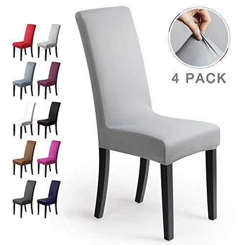 Fundas para sillas Pack de 4 Fundas sillas Comedor Fundas elásticas, Cubiertas para sillas,bielástico Extraíble Funda, Muy fácil de Limpiar, Duradera (Paquete de 4, Gris-Plateado)