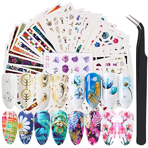FunPa Calcomanías y Autoadherentes, 78 Hojas Etiqueta Engomada del Arte del Clavo 3D Puntas de Uñas Autoadhesivas Decoración con Pinzas para uñas para Mujeres Niñas Manicura DIY Nail Art accesorios