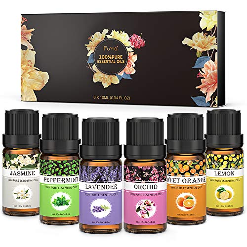 Funria Aceites Esenciales, 100% Puro y Natural Aceites Esenciales de Aromaterapia para Difusor - Set de Aceite Perfumado de Lavanda, Menta, Limón, Naranja Dulce, Jazmín, Orquídea, 6 x 10ML