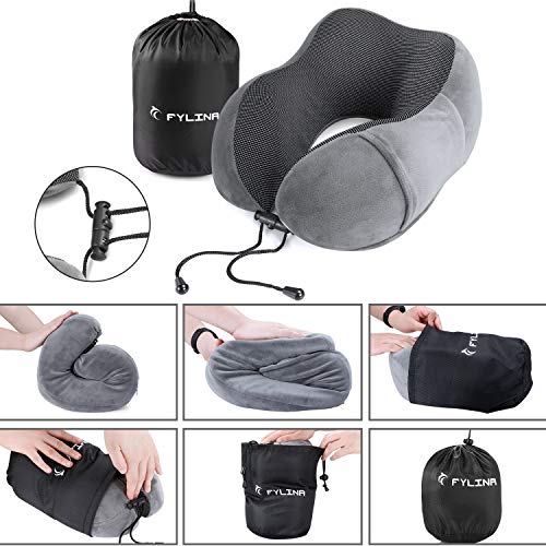 FYLINA Almohada de Viaje Viscoelástica de Espuma de Memoria, Cervical Orthopedic Pillow Almohada de Cuello para el tren de avión viajes con máscara de Ojos, Tapones y bolsa de transporte