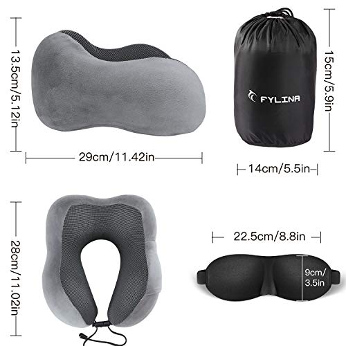 FYLINA Almohada de Viaje Viscoelástica de Espuma de Memoria, Cervical Orthopedic Pillow Almohada de Cuello para el tren de avión viajes con máscara de Ojos, Tapones y bolsa de transporte