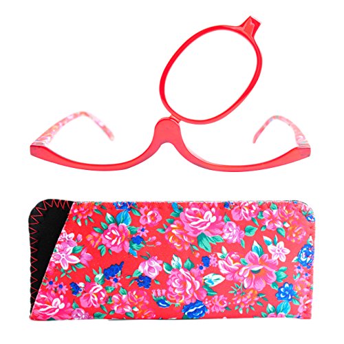 Gafas de Maquillaje, Gafas Para Maquillarse con Lente Abatible,Gafas con Lente que Gira Para Ayudarte con el Maquillaje con Funda Gratuita, Dioptrías +2.0 (Rojo)