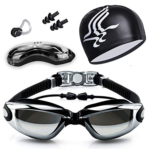 Gafas de Natación, Antiniebla Protección UV Sin Fugas Gafas Natación con Libre Clip de Nariz Enchufe de oído Gorro de baño para Hombres Mujeres Adultos Niños de la Juventud (Negro)