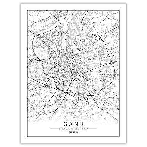 Gand Carte Art Mural Belgique Monde Ville Carte Affiche Imprime Noir Blanc Nordique Toile Peinture Salon Bureau DéCor à La Maison Photos 40x60 Cm Sans Cadre