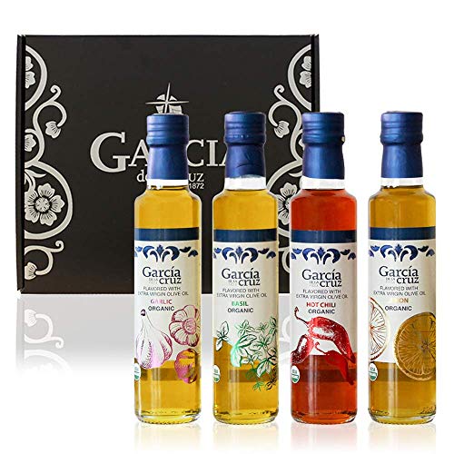 García de la Cruz - Set de Regalo de Aceite de Oliva Virgen Extra Aromatizado (Ajo, Albahaca, Chili y Limón) - Pack de 4x250 ml Botellas de Vidrio