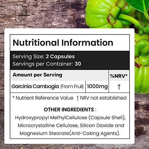 Garcinia Cambogia Pura 1000mg | Quemagrasas Potente Para Adelgazar, Suplemento Natural Termogénico de Alta Potencia para Perder Peso, Reductor del Apetito, 60 Cápsulas