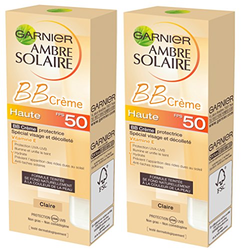 Garnier - Ambre Solaire - BB Cream SPF 50 de protección de la cara y el escote - Claire Hue - Sensitive Skin - muy alto índice de protección - 50 ml - Lote de 2