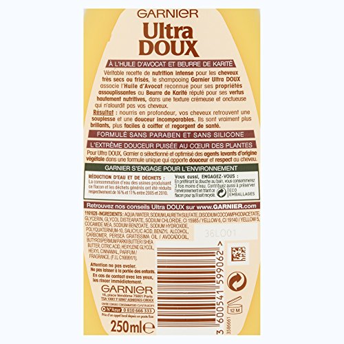 Garnier Champú Ultra Doux para pelo muy seco o encrespado, aceite de aguacate y manteca de karité, 250 ml, lote de 3