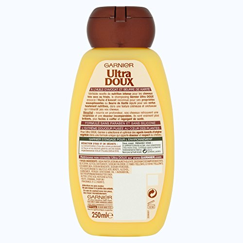 Garnier Champú Ultra Doux para pelo muy seco o encrespado, aceite de aguacate y manteca de karité, 250 ml, lote de 3