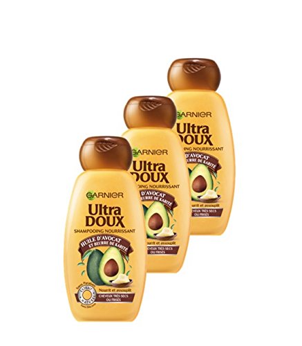 Garnier Champú Ultra Doux para pelo muy seco o encrespado, aceite de aguacate y manteca de karité, 250 ml, lote de 3
