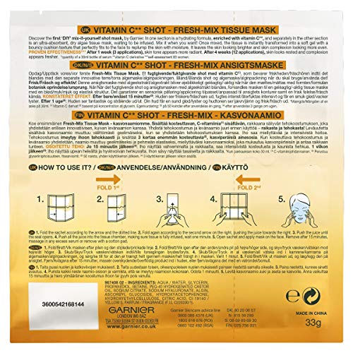 Garnier Fresh-Mix Mascarilla de tejido de vitamina C, máscara de tiro facial de tejido iluminador, 33 g