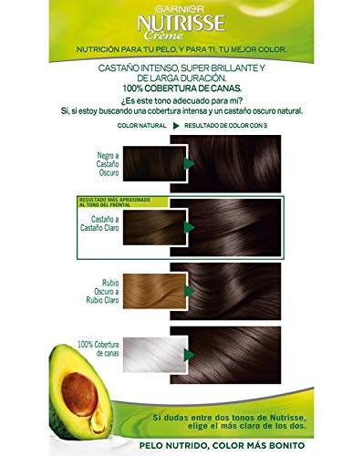 Garnier Nutrisse Creme Coloración Nutritiva Permanente, Tinte 100% Cobertura de Canas con Mascarilla Nutritiva de 4 Aceites - Tono 3 Castaño Oscuro