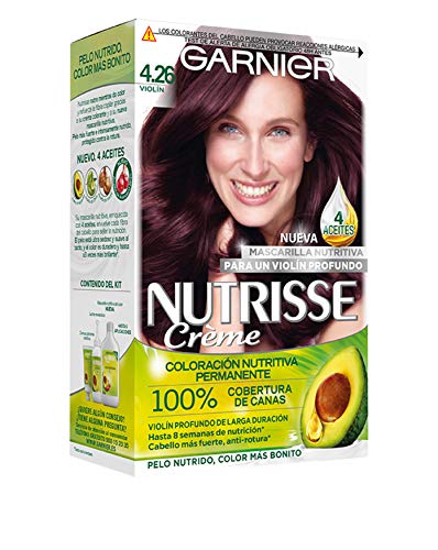 Garnier Nutrisse Creme Coloración Nutritiva Permanente, Tinte 100% Cobertura de Canas con Mascarilla Nutritiva de 4 Aceites - Tono 4.26 Violín