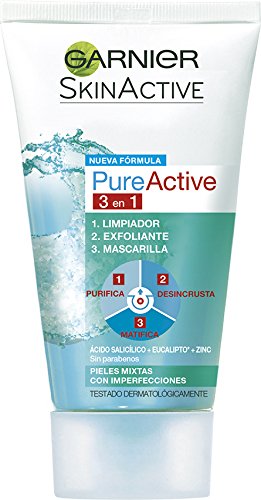 Garnier Skin Active - Pure Active 3 en 1 - Limpiador, exfoliante y mascarilla - 150 ml
