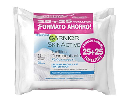 Garnier Skin Active - Toallitas Desmaquillantes Refrescantes para Pieles Normales a Mixtas - Formato ahorro 25 + 25 Unidades