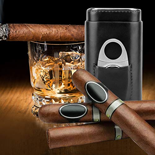 Garosa Estuche De Cuero Portátil para Viaje Cigarros De Cedro Forrado De Madera Humos para Fumadores De Cigarros 3 Tubos con Cortador De Cigarros De Acero Inoxidable Soporte De Cortador(Negro)