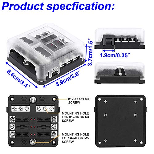 Gebildet 6 Vías 32V Portafusibles con Lámpara de Alerta LED, Caja de Fusibles con Cubierta de Protección + Segatinas + 12pcs Fusible de Cuchilla, para Coche Camión Barco Marina RV Furgoneta