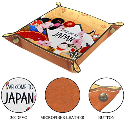 Geisha japonesa Lucky Cat Carps Carps Fuji Mountain Cuero Valet Tray Mesilla de noche de escritorio Catchall Organizador caja para joyería llavero monedero monedero caramelo
