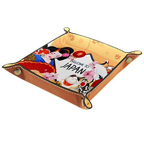 Geisha japonesa Lucky Cat Carps Carps Fuji Mountain Cuero Valet Tray Mesilla de noche de escritorio Catchall Organizador caja para joyería llavero monedero monedero caramelo